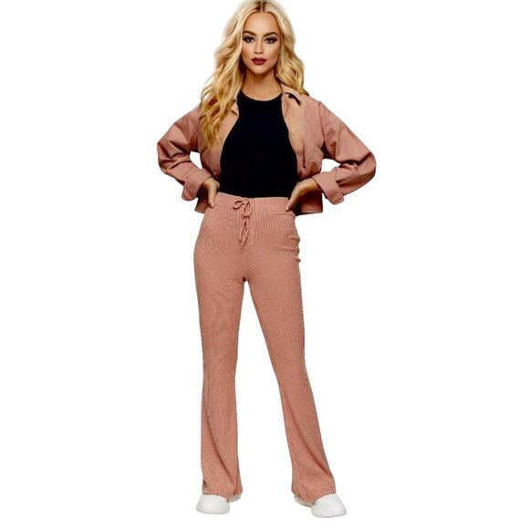 NWT Topshop Comfy Peach Ribbed Knit Flare Leg Lace-Up Front Tie Legging Pant 6 - Picture 1 of 16